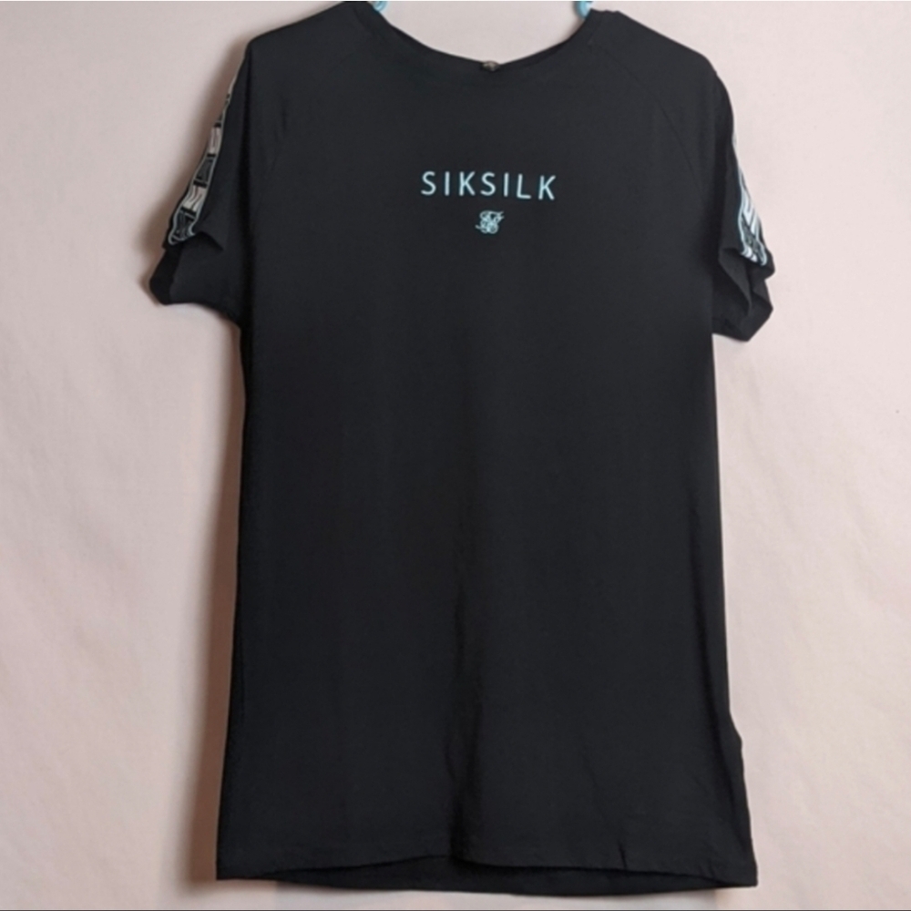 SikSilk Black Short Sleeve Raglan Exhibit Embroidered Logo Gym Tee